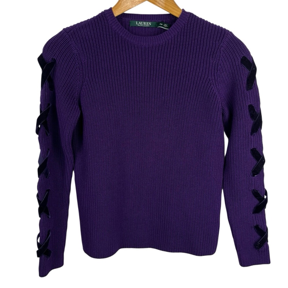 Lauren Ralph Lauren Purple Long Velvet Lace Up Sleeve Sweater Size Petite Medium